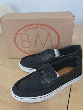 bernie mev. Women's Black Woven Boat Loafers  Shoes with White Sole.